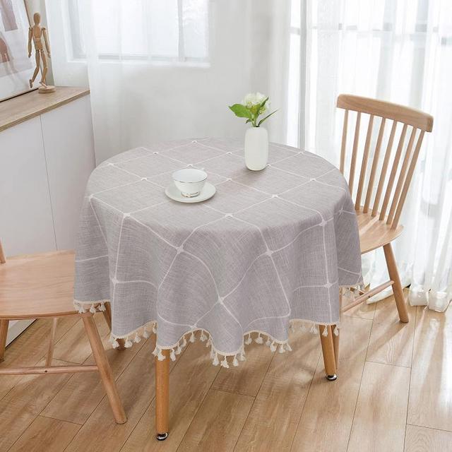 Vonabem Table Cloth Tassel Cotton Linen Table Cover for Kitchen Dinning Wrinkle Free Table Cloths (Grey, 60in Round)