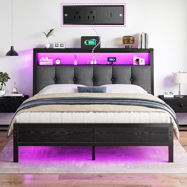Homkdom Queen Bed Frame with LED Lights Grey Upholstered Headboard with Charging Station, Type C& 2-Tier Storage Shelves,Metal Platform Bed with 12" Under-Bed Storage, Noise-Free, Black