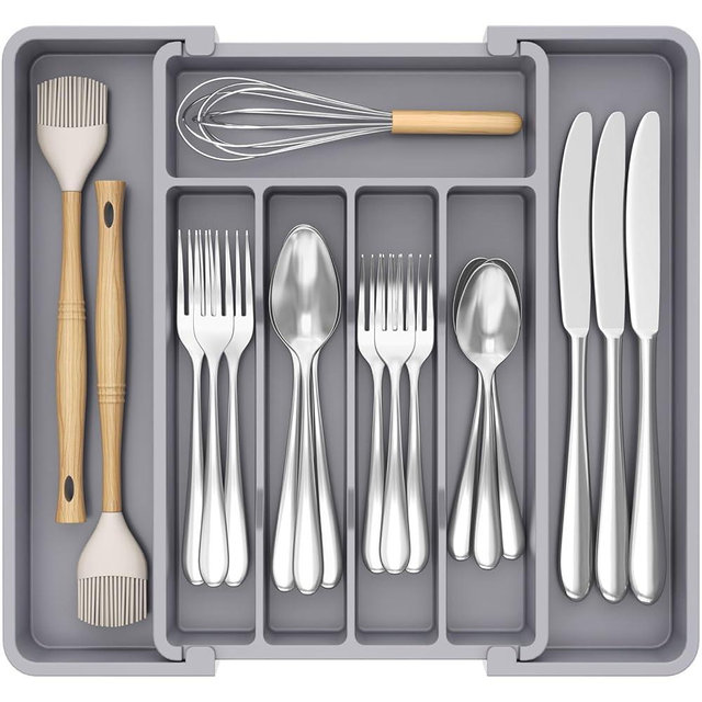 Lifewit Silverware Drawer Organizer, Expandable Utensil Tray for Kitchen, BPA Free Flatware and Cutlery Holder, Adjustable Plastic Storage for Spoons Forks Knives, 8.5-14 x 12, Gray