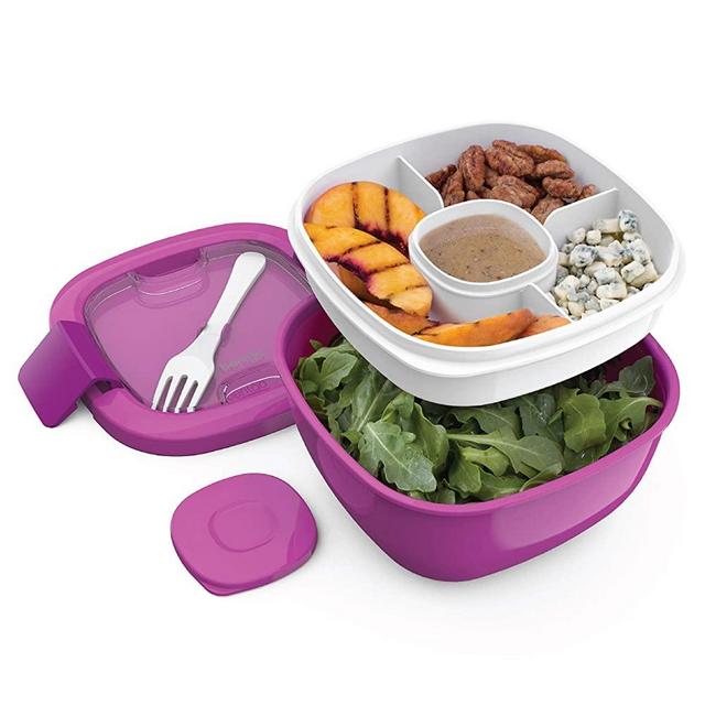 Bentgo Salad BPA-Free Lunch Container with Large 54-oz Salad Bowl, 4-Compartment Bento-Style Tray for Salad Toppings and Snacks, 3-oz Sauce Container for Dressings, and Built-In Reusable Fork (Purple)