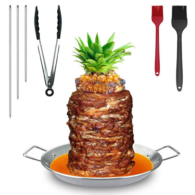 Vertical Skewer-Al Pastor Skewer for Grill, Stainless Steel Shawarma Pan, Vertical Spit with 3 Spikes(8”/10"/12”), Brushes & tongs, for Tacos Al Pastor, Kebabs Smoker Oven BBQ (10" base pan)