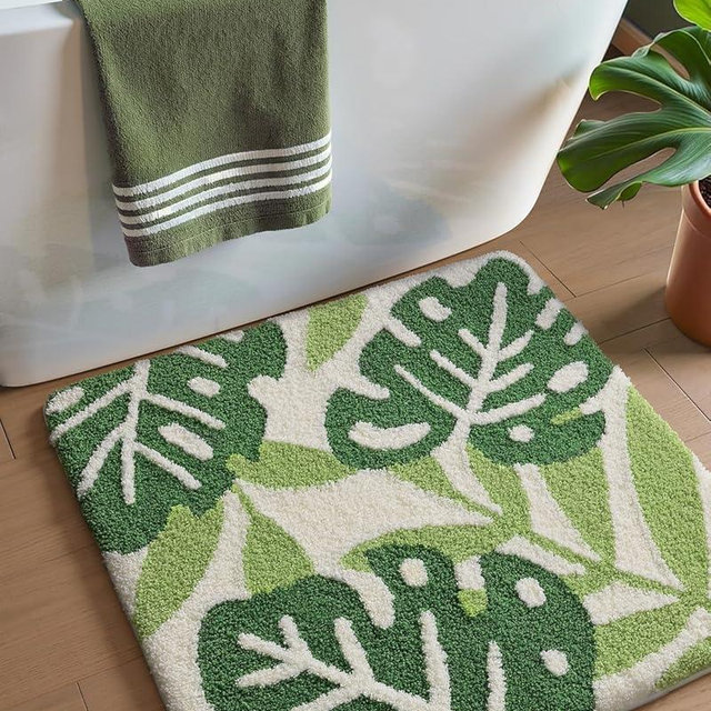 DEXI Bathroom Rug 31x31, Non Slip Washable Bath Mat, Absorbent Soft Microfiber Bathmat, Monstera Deliciosa Leaf Square Carpet for Shower Floor, Green
