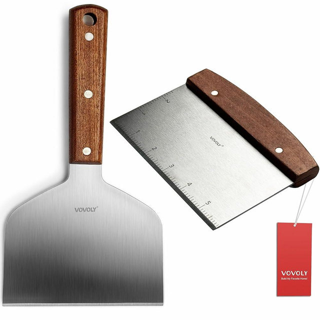 Vovoly Multipurpose Bench Scraper Kitchen Utensil for Flat Top Griddle, Dough Cutter for Bread and Pizza Dough - Stainless Steel Metal Griddle Scraper Chopper
