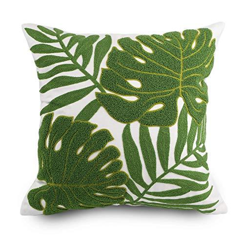 Hodeco Decorative Throw Pillow Covers Green Leaves Embroidery Floor Pillow Cover for Couch 100% Cotton Cushion Cover Pillow Case Green Plant Monstera Leaf Loop Embroidered 18x18 Inches, 1 Piece