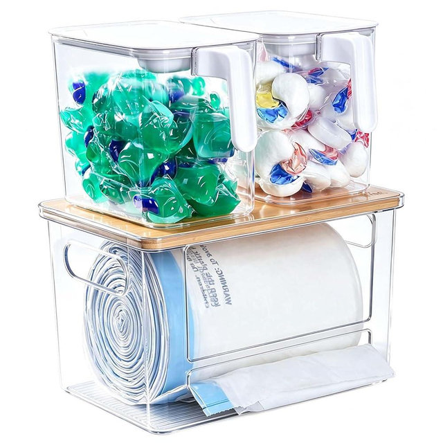 iCASA Trash Bag Dispenser Organizer - Large 3 in 1 Garbage Bag Dispenser Holder Dishwasher Pods Container, Clear Under Kitchen Sink Organizer, 2pcs Laundry Detergent Pods Storage Box with Handle
