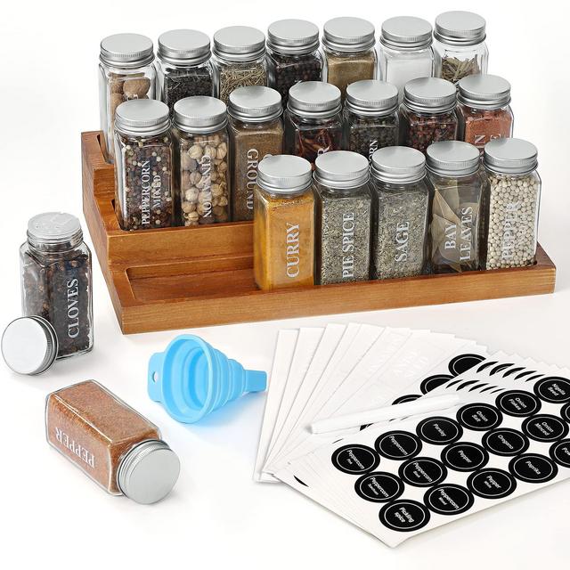 Aozita Countertop Spice Rack with 22 Glass Spice Jars, 3-Tier Bamboo Space Saver Step Shelf Countertop For Kitchen Cabinet Pantry, Printed Spice Labels, Chalkboard and Funnel Included