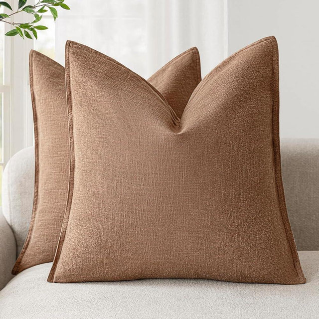Foindtower Pack of 2, Decorative Linen Soild Throw Pillow Covers Soft Accent Cushion Case Boho Farmhouse Pillowcase for Chair Couch Sofa Bedroom Living Room Home Decor 24 x 24 Inch Light Khaki Brown