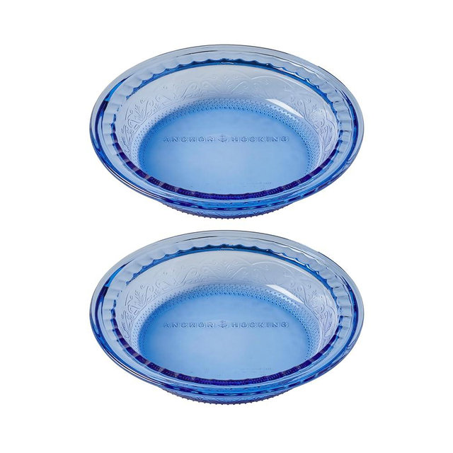 Anchor Hocking Coastal Blue Laurel Embossed Pie Dishes (2-Piece, 9.5-inch, oven/dishwasher safe)