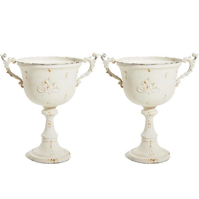 Worth Garden 21" H. Metal Urn Planters 2-Pack - White Classic Antique Iron Plant Pots - Decorative Rustic Flower Pots for Outdoor Use - Traditional Urn Planter for Garden, Patio, Front Porch