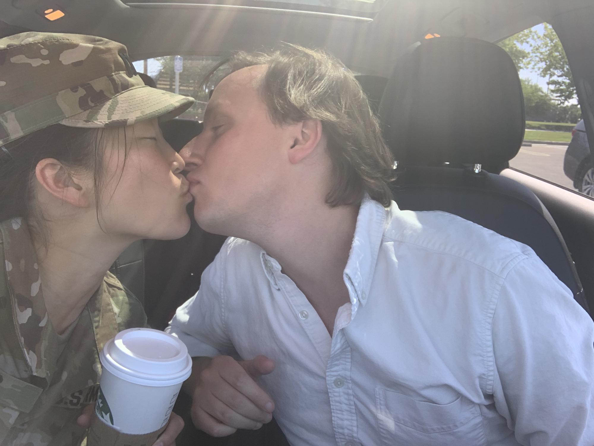 Giving me a kiss for good luck!