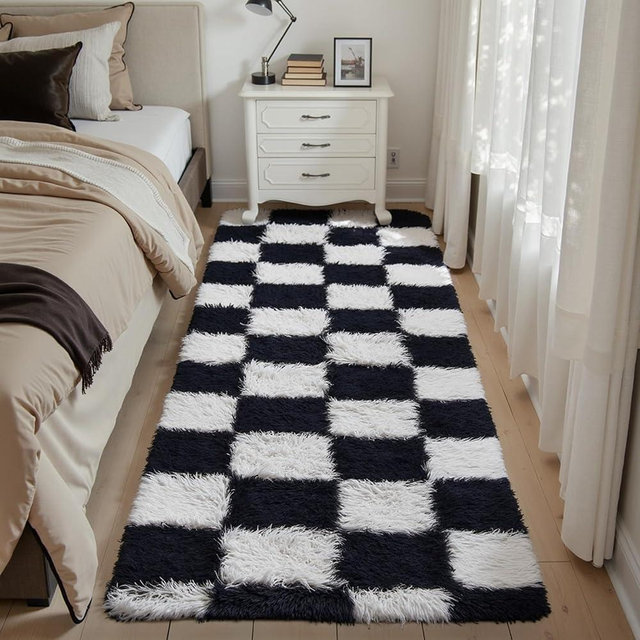 PureCozy Checkered Area Rug 2x6 for Bedroom, Black and White Modern Shag Rug Super Soft Runner Carpet Washable Fluffy Rugs for Living Room Bedside Sofa Home Dorm Decor Aesthetic