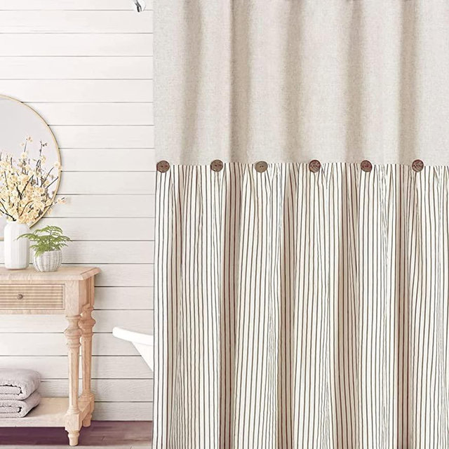 Awellife Linen Button Farmhouse Beige Shower Curtain,Linen and Cotton Woven Fabric,Pleated Brown Stripe,Country Style,72x72 Inch