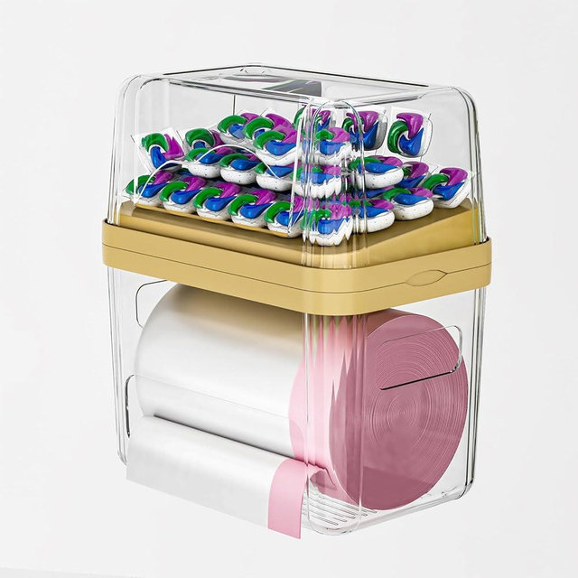 ZZWILLB 2-in-1 Trash Bag Dispenser & Laundry/Dishwasher Pods Container, Clear Acrylic Garbage Bag Organizer with Removable Lids, Under Sink Kitchen Storage Box for Pantry Organization