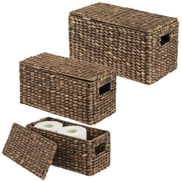 mDesign Natural Woven Water Hyacinth Closet Storage Organizer Basket Bin with Removeable Lids to use in Closet, Bedroom, Bathroom, Entryway, Office - Set of 3 - Dark Brown Finish