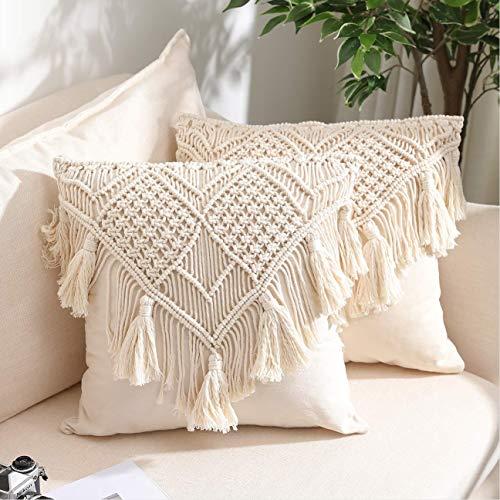 Throw Pillow Covers, Macrame Cushion Case, Woven Boho Cushion Cover for Bed Sofa Couch Bench Car Home Decor, Comfy Square Pillow Cases with Tassels, Set of 2 Decorative Pillowcase (17X17 inch, Cream)