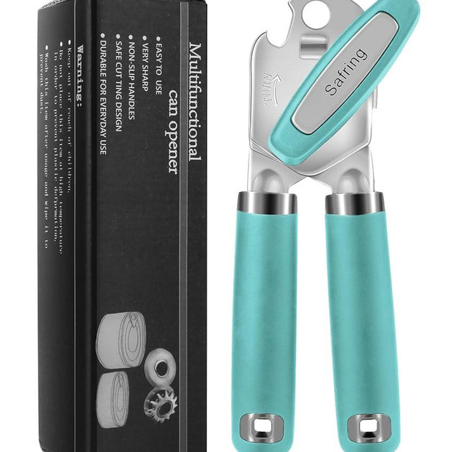 Safring Can Opener Manual, Heavy Duty Handheld Strong Can Opener with Soft Touch Handle, Sharp Blade Smooth Edge, Can Openers with Multifunctional Bottle Opener, Aqua Sky