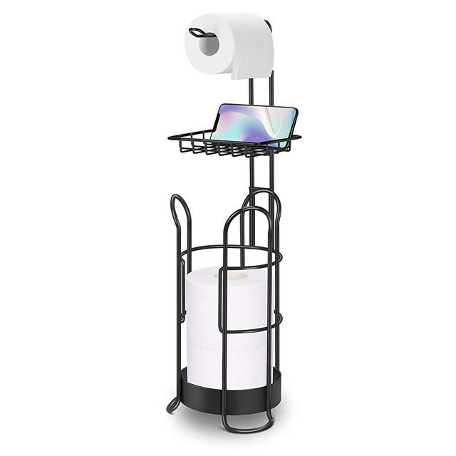 LEHOM Toilet Paper Roll Holder Stand, Upgraded Free Standing Bathroom Toilet Paper Tissue Holders Dispenser with Shelf and Storage for 3 Mega Rolls, Matte Black