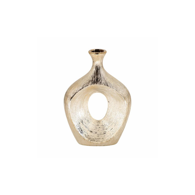 Sagebrook Home 13" Ceramic Oval Vase - Contemporary Glam Abstract Cut-Out Vase in Scratched Gold - Creative Home or Office Decorative Table Accent