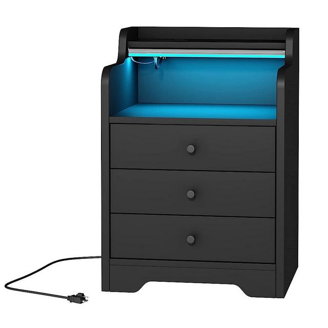 Gdvsclr Nightstand with Charging Station, Nightstand with LED Lights, 3 Drawers Bedside Table for Bedroom/Dormitory, Led Nightstand with Open Storage Shelf, 3 USB Ports & 2 Outlets