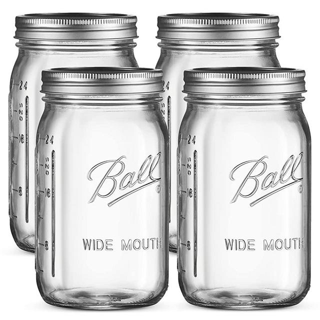 Ball Wide Mouth Mason Jars 32 oz [4 Pack] With mason jar lids and Bands, Ball mason jars 32 oz - For Canning, Fermenting, Pickling - Jar Decor - Microwave/Freeze/Dishwasher Safe + SEWANTA Jar Opener