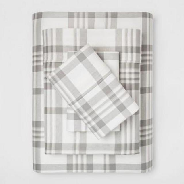 Queen 400 Thread Count Printed Performance Sheet Set Plaid Twill Gray - Threshold