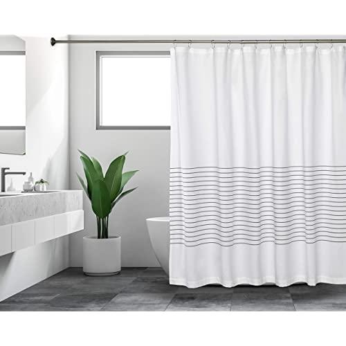 Sticky Toffee Woven Cotton Fabric Shower Curtain, 72 in x 72 in, White with Gray Thin Stripe