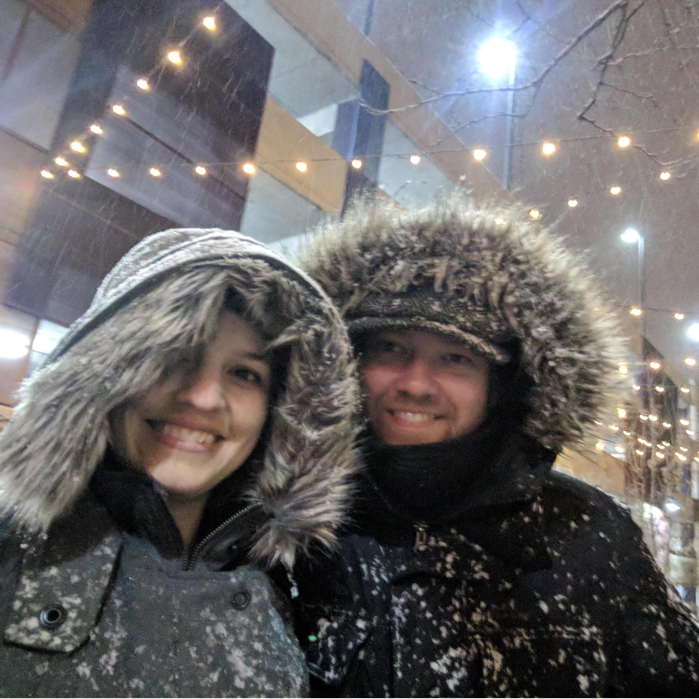 Our first photo together as we made our way to get dinner during that April blizzard!