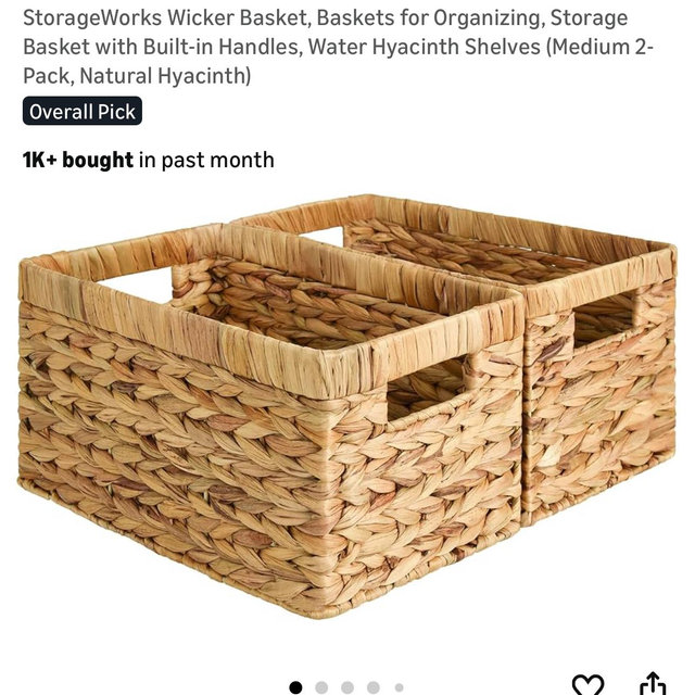 StorageWorks Wicker Basket, Baskets for Organizing, Storage Basket with Built-in Handles, Water Hyacinth Shelves (Medium 2-Pack, Natural Hyacinth)