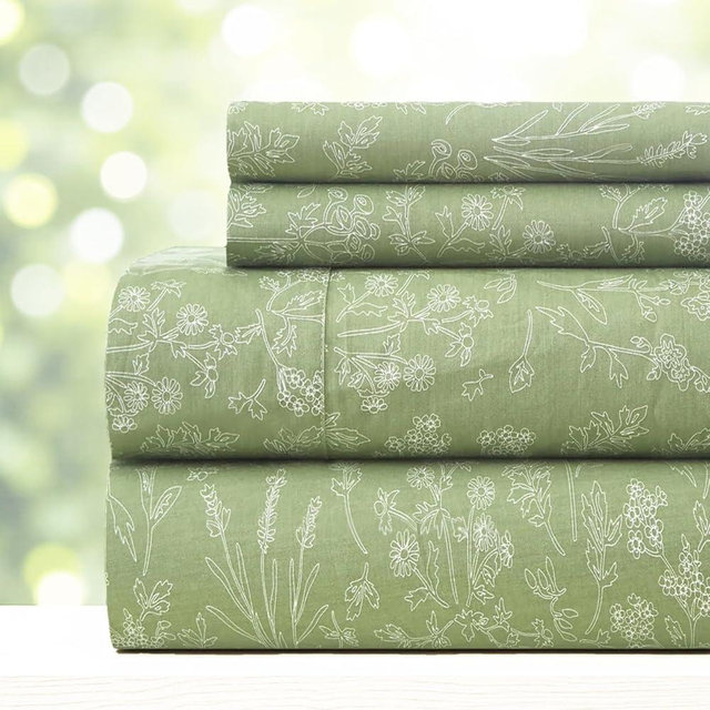 mixinni 100% Cotton Floral Sheet Set, 4 Piece Soft Breathable Sage Green Botanical Bedding with Deep Pocket Fitted Sheet, Flat Sheet & Pillowcases, Cottagecore Floral Bed Sheets for King Size