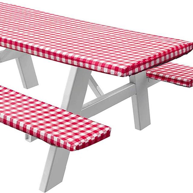 Sorfey Vinyl Picnic Table and Bench Fitted Tablecloth Cover, Checkered Design, Flannel Backed Lining, 28 x 72 Inch, 3-Piece Set, Red
