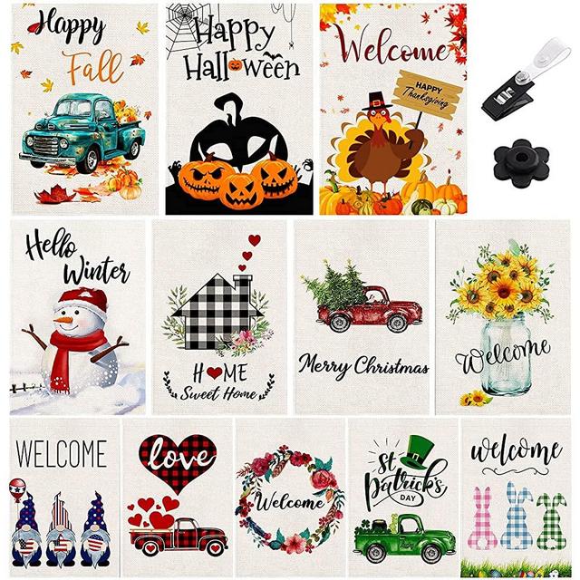 Seasonal Garden Flags Set of 12 Fall Garden Flags 12x18 Double Sided Halloween Garden Flag Small Yard Flag Fall Decor Halloween Decorations Outdoor Garden Flags for Outside w/ Anti-Wind Clip & Stopper