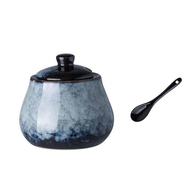 DoDola Retro Ceramics Sugar Bowl with Lid and Spoon Condiment Pots Seasoning Box 8oz (Gray Blue)