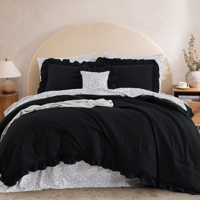 BLOOMHAVEN King Comforter Set - 7 Pieces Ruffle Black Bedding Sets, Shabby Chic Farmhouse Bed in a Bag King with Ruffle Comforter, Floral Sheets, Pillowcases & Shams