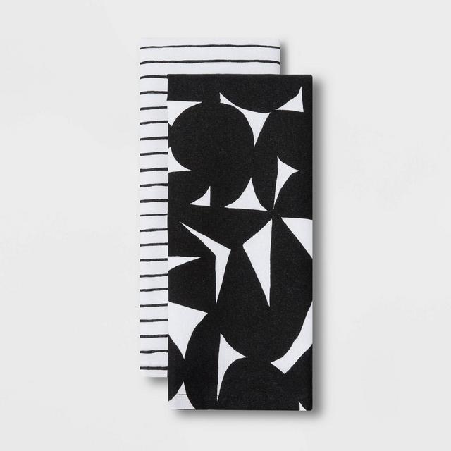 2pk Cotton Geometric Kitchen Towels Black - Room Essentials™