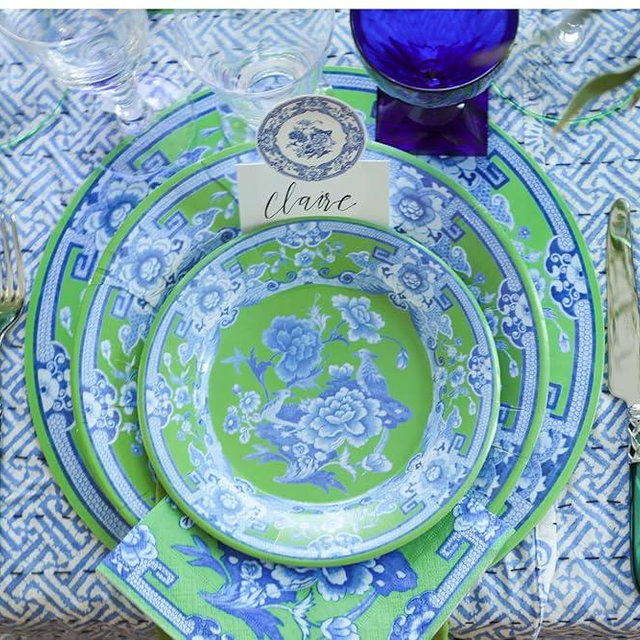 Caspari Green And Blue Plate Dinner Plates - 16 Per Package