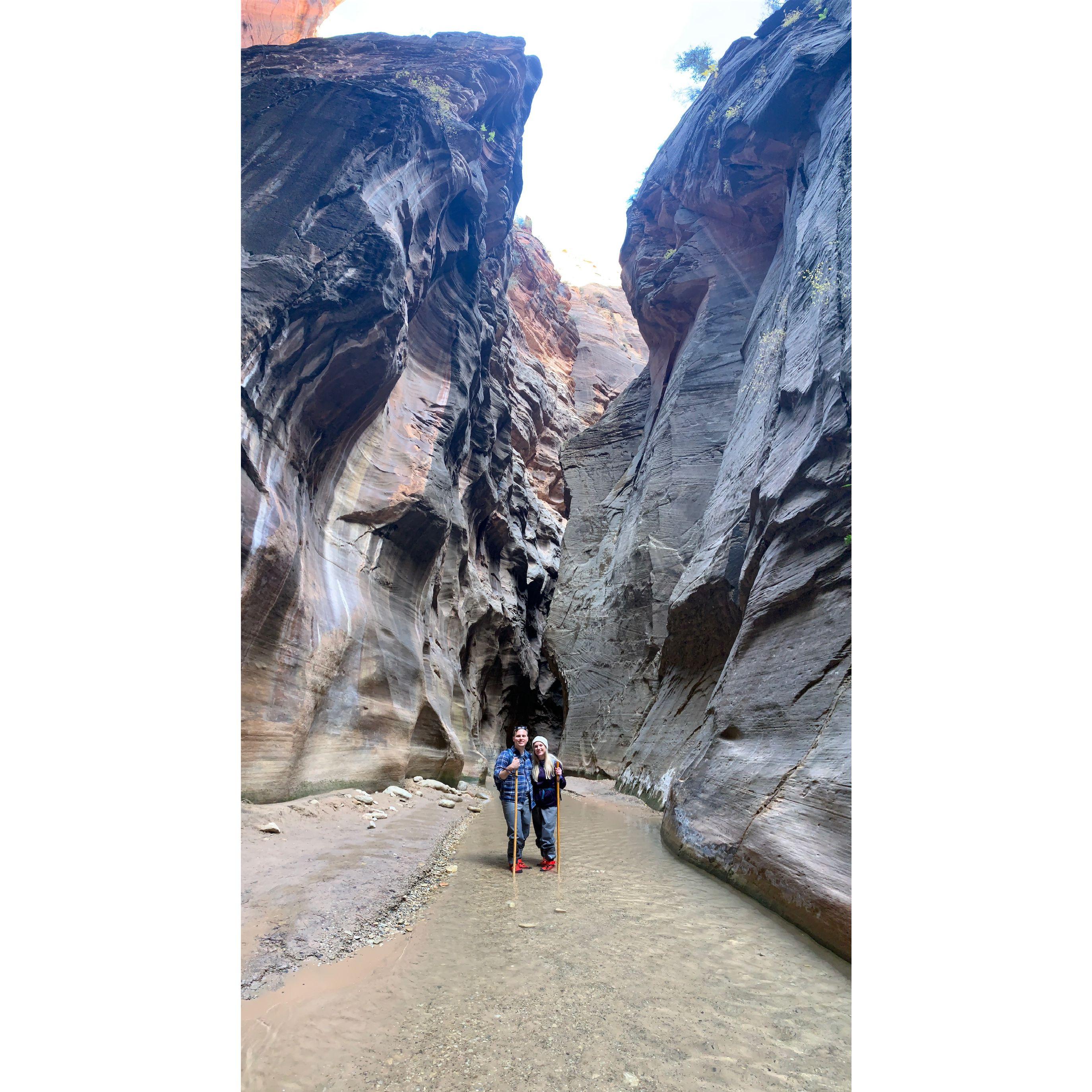 After the sunrise hike for the proposal, Sam & Tom hiked through the Narrows in Zion National Park