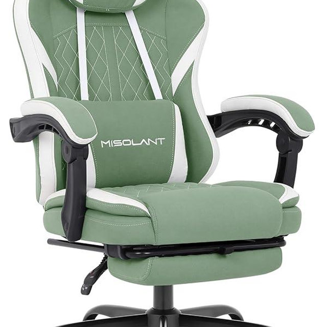 Misolant Gaming Chair, Fabric Gamer Chair with footrest for Adults, High Back Ergonomic Computer Game Chair with Adjustable Headrest and Massage Lumbar Support, 90-155° Recline Free, Green