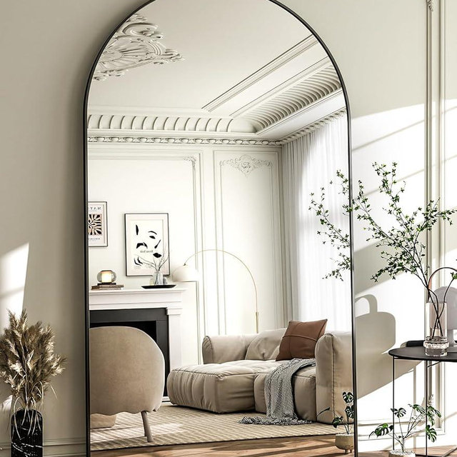 HARRITPURE 86x46 inch Full Length Mirror - Oversized Arched Mirror Aluminum Frame Full Body Floor Mirror with Stand for Living Room,Bedroom,Cloakroom,Black