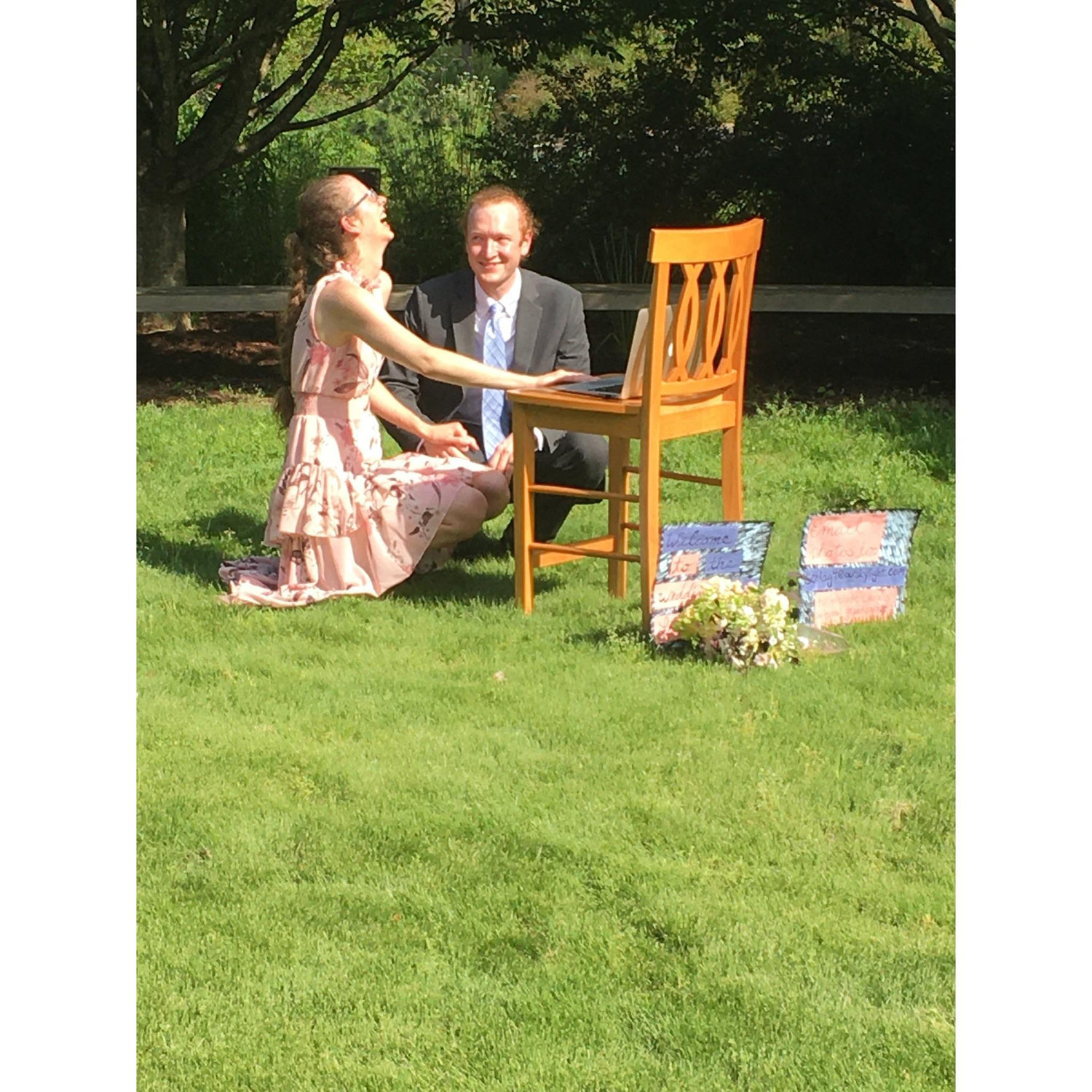 Laura and Dan talk with their families via Zoom after the ceremony.