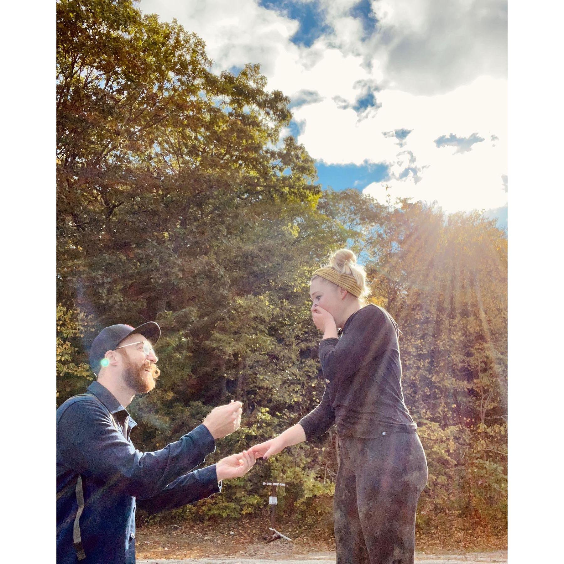 October 8, 2023- Ryan proposing during our hike on Mount Tom in Easthampton, MA!
