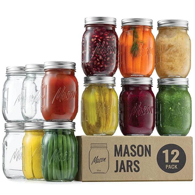 Regular-Mouth Glass Mason Jars, 16-Ounce (12-Pack) Glass Canning Jars with Silver Metal Airtight Lids and Bands with Measurement Marks, for Canning, Preserving, Meal Prep, Overnight Oats, Jam, Jelly