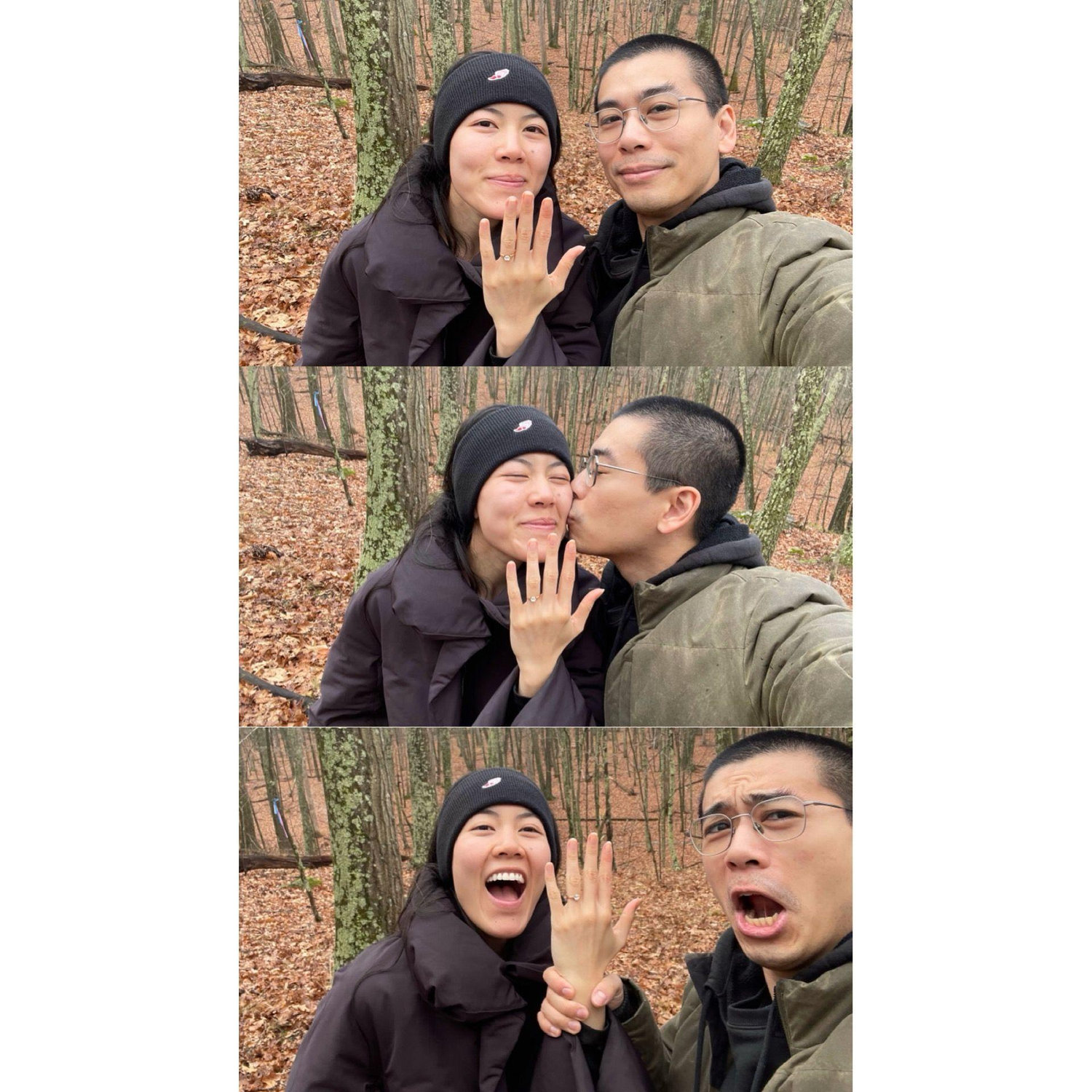 Eric proposed during one of our trips upstate. It had just rained and we were surrounded by moss-covered trees and autumn leaves, just us. It was perfect.