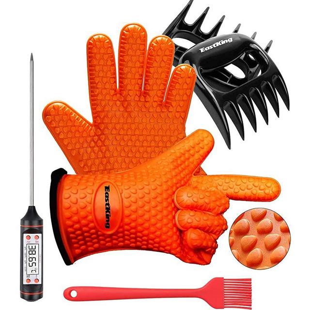 EastKing BBQ Gloves/BBQ Claws/Meat Thermometer and Silicone Brush Superior Value Premium Set (4pcs Set) - Heat Resistant/Non-Slip/Safe/Cooking/Grilling Silicone Gloves for Indoor & Outdoor