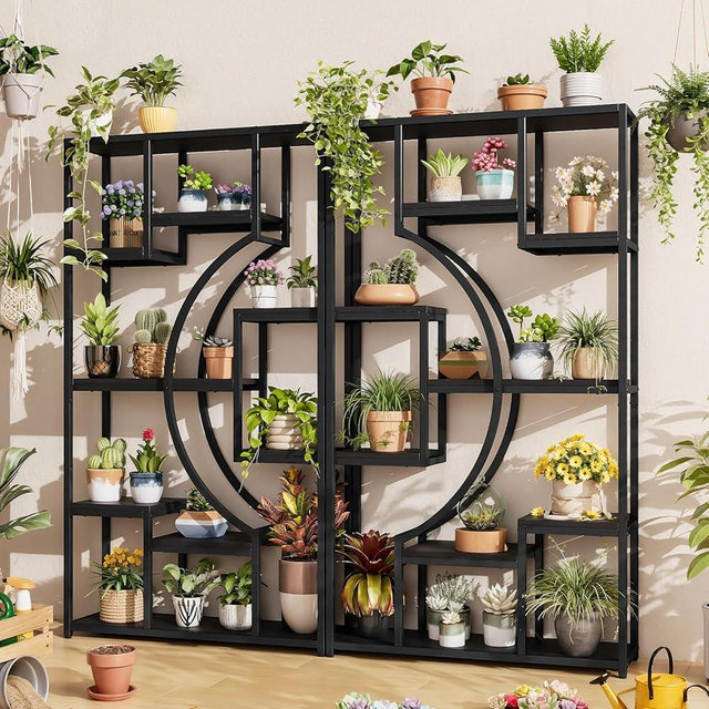 HolliWill 70.8" Tall Bookshelves Set of 2, 79" W Geometric Display Shelf with 18 Open Storage Shelves, Black Book Shelf for Living Room, Office, Bedroom –Metal Frame & Anti-Tip & Adjustable Feet