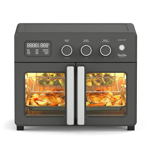 Martha Stewart French Door Air Fryer Toaster Oven Combo, 34QT Countertop Convection, 12-in-1, Bake, Broil, Roast, Fits 12” Pizza, Dehydrate, 5 Accessories, Air Fry Basket, Stainless Steel, Caviar Gray