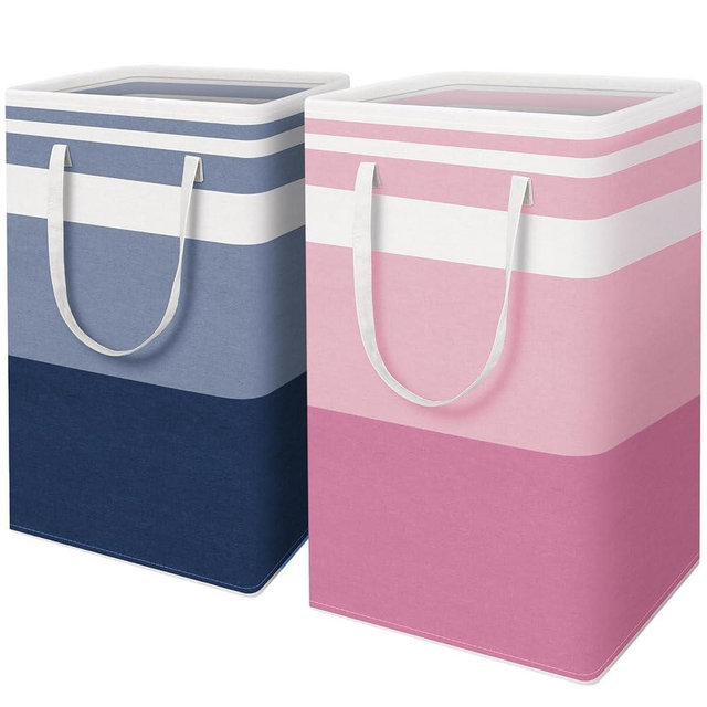 HomeHacks 2 Pack Large Laundry Baskets, Waterproof, Freestanding Laundry Hampers, Collapsible Clothes Hamper with Reinforced Handles in Laundry, College Dorm, Bathroom, Bedroom (Blue+Pink, 88Lx2)