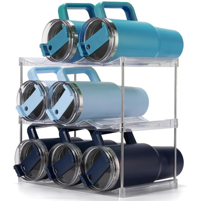 Dersyer Stackable Water Bottle Organizer for Stanley 40 oz Tumbler, Water Bottle Holder for Others' Large Cup, Tumbler Organizer for Cabinet, Water Bottle Storage Rack, Wine Rack, Hold 9, 3 Tiers
