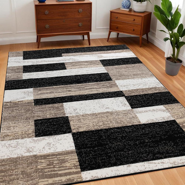 Superior Indoor Area Rug, Jute Backed, Modern Geometric Patchwork Floor Decor for Bedroom, Office, Living Room, Entryway, Kitchen, Hardwood Floors, Rockwood Collection, 4' x 6', Ivory-Beige