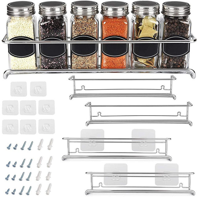 Spice Rack Organizer For Cabinet Door| Kitchen Pantry Organization And Storage | Set of 4 Chrome Tiered Hanging Shelf for Spice Jars and Seasonings | Door Mount, Wall Mounted, Under Sink Shelves