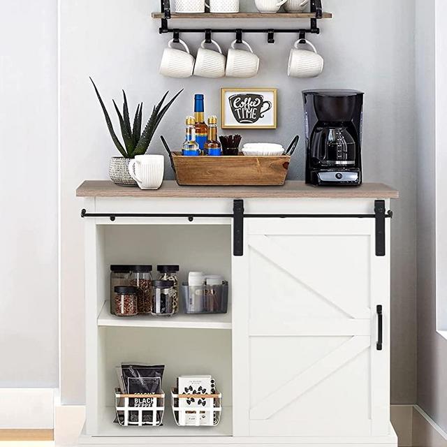 Farmhouse Coffee Bar Cabinet - Sliding Barn Door Kitchen Storage Buffet Cabinet